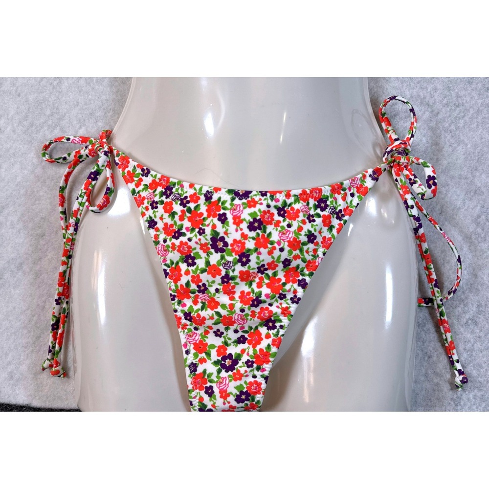 PacSun Swim Eco Women Medium Floral String Bikini Bottom Red Purple Ditsy NWT